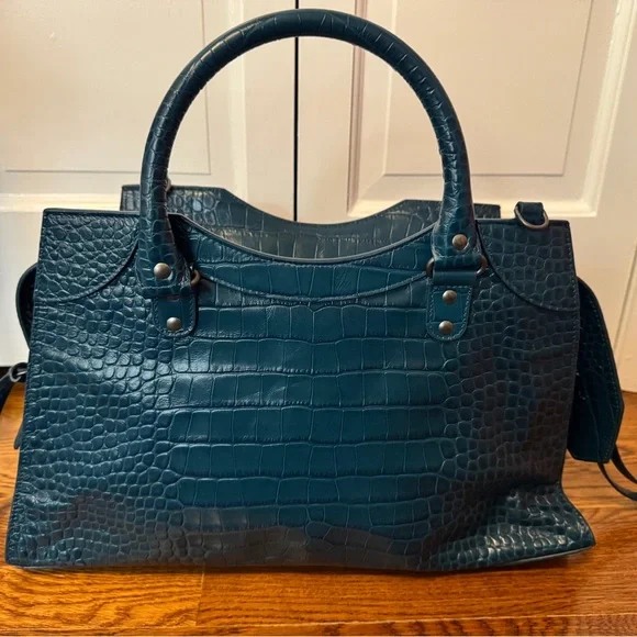 Balenciaga Elegant Crocodile-Embossed Blue Handbag NWT - Picture 4 of 16